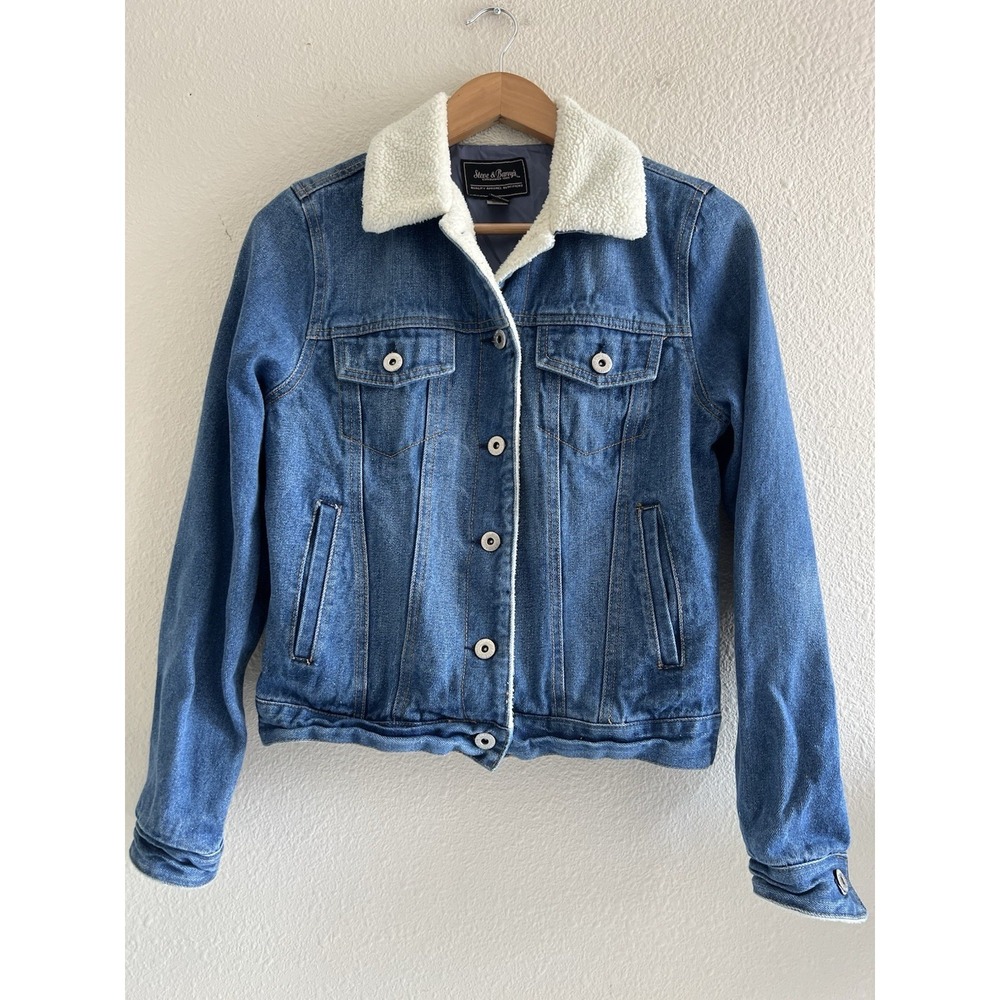 Vintage Steve & Barry's Women's M (S) Denim Jacket Sherpa Trim Blue Jean Fitted